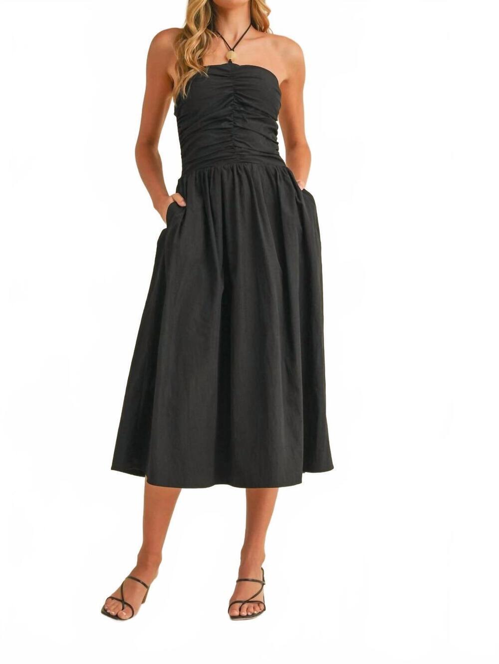 NEW KLESIS halter flared with stone detail midi dress in black